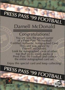 1999 Press Pass - Autographs #NNO Darnell McDonald Back