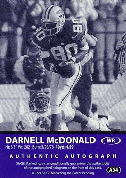 1999 SAGE - Autographs Bronze #A34 Darnell McDonald Back