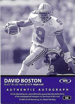 1999 SAGE - Autographs Gold #A6 David Boston Back