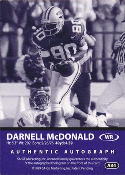1999 SAGE - Autographs Gold #A34 Darnell McDonald Back