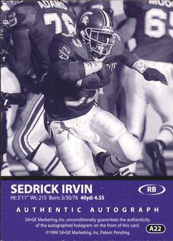 1999 SAGE - Autographs Red #A22 Sedrick Irvin Back