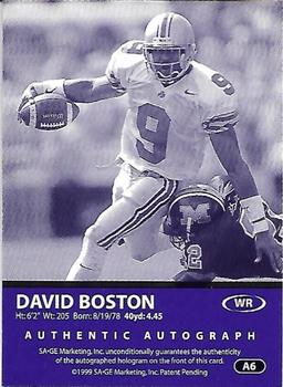 1999 SAGE - Autographs Silver #A6 David Boston Back