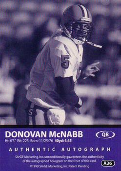 1999 SAGE - Autographs Silver #A36 Donovan McNabb Back