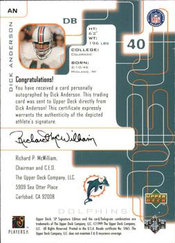 1999 SP Signature - Autographs Gold #AN Dick Anderson Back