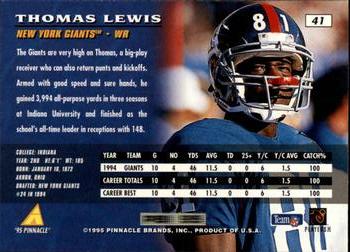1995 Pinnacle #41 Thomas Lewis Back
