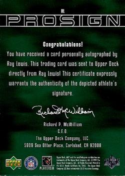 1999 Upper Deck MVP - ProSign #RL Ray Lewis Back