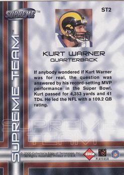 2000 Collector's Edge Supreme - Supreme Team #ST2 Kurt Warner Back