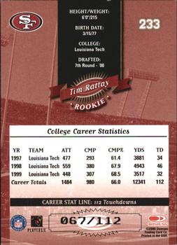 2000 Donruss - Stat Line Career #233 Tim Rattay Back