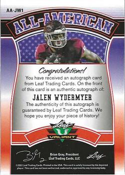 2022 Leaf Valiant - All-American Autographs Red White and Blue #AA-JW1 Jalen Wydermyer Back