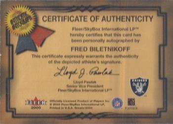 2000 Fleer Greats of the Game - Gold Border Autographs #NNO Fred Biletnikoff Back