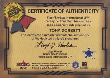2000 Fleer Greats of the Game - Gold Border Autographs #NNO Tony Dorsett Back