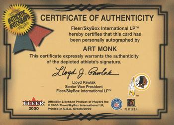 2000 Fleer Greats of the Game - Gold Border Autographs #NNO Art Monk Back