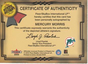 2000 Fleer Greats of the Game - Gold Border Autographs #NNO Mercury Morris Back