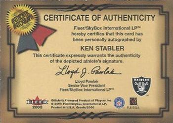 2000 Fleer Greats of the Game - Gold Border Autographs #NNO Ken Stabler Back