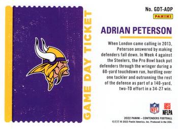 2022 Panini Contenders - Game Day Ticket #GDT-ADP Adrian Peterson Back