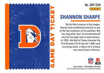 2022 Panini Contenders - Game Day Ticket #GDT-SSH Shannon Sharpe Back