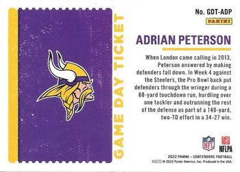 2022 Panini Contenders - Game Day Ticket Emerald #GDT-ADP Adrian Peterson Back