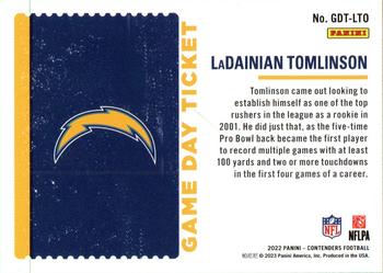 2022 Panini Contenders - Game Day Ticket Emerald #GDT-LTO LaDainian Tomlinson Back