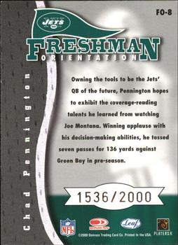 2000 Leaf Rookies & Stars - Freshman Orientation #FO-8 Chad Pennington Back
