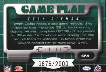 2000 Leaf Rookies & Stars - Game Plan #GP-9 Troy Aikman Back
