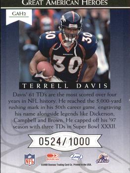 2000 Leaf Rookies & Stars - Great American Heroes #GAH2 Terrell Davis Back