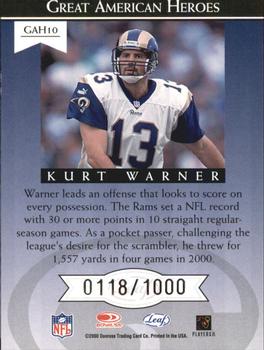 2000 Leaf Rookies & Stars - Great American Heroes #GAH10 Kurt Warner Back
