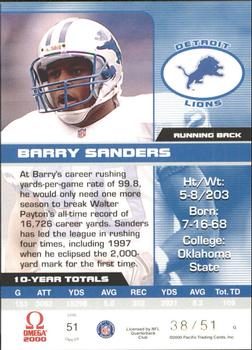 2000 Pacific Omega - Platinum Blue #51 Barry Sanders Back
