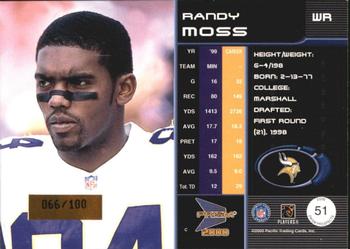 2000 Pacific Prism Prospects - Holographic Blue #51 Randy Moss Back