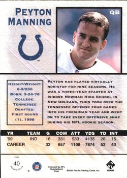 2000 Pacific Private Stock - Premiere Date #40 Peyton Manning Back