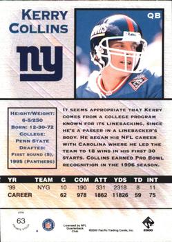 2000 Pacific Private Stock - Premiere Date #63 Kerry Collins Back