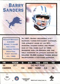 2000 Pacific Private Stock - Retail #34 Barry Sanders Back