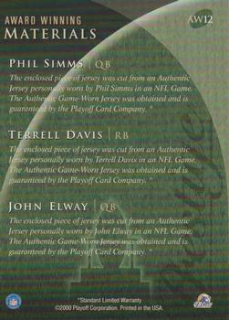 2000 Playoff Prestige - Award Winning Materials #AW12 Phil Simms / Terrell Davis / John Elway Back