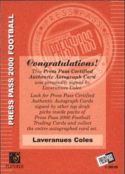 2000 Press Pass - Authentics #NNO Laveranues Coles Back