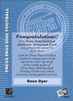 2000 Press Pass - Authentics #NNO Deon Dyer Back