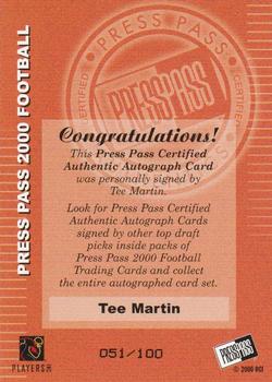 2000 Press Pass - Autographs Gold Standout Signatures #NNO Tee Martin Back