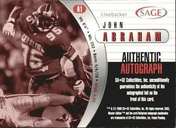 2000 SAGE - Autographs Bronze #A1 John Abraham Back