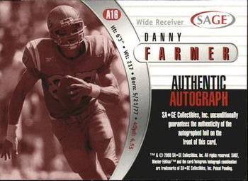 2000 SAGE - Autographs Bronze #A16 Danny Farmer Back