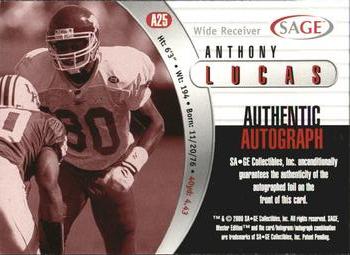 2000 SAGE - Autographs Bronze #A25 Anthony Lucas Back