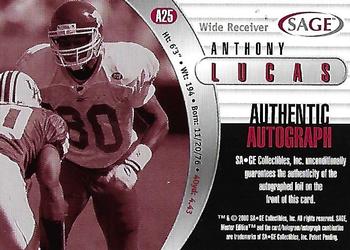 2000 SAGE - Autographs Platinum #A25 Anthony Lucas Back