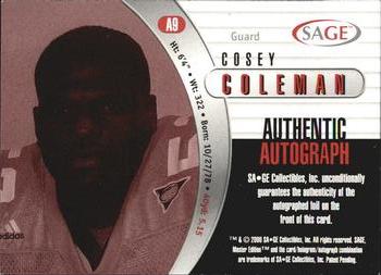 2000 SAGE - Autographs Red #A9 Cosey Coleman Back