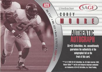 2000 SAGE - Autographs Silver #A28 Corey Moore Back