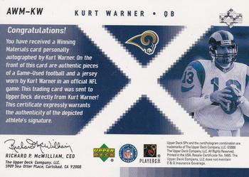 2000 SPx - Winning Materials Autographs #AWM-KW Kurt Warner Back
