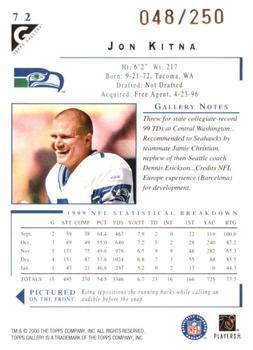 2000 Topps Gallery - Player's Private Issue #72 Jon Kitna Back