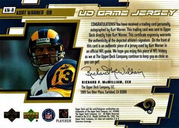 2000 Upper Deck - UD Game Jersey Autographed Gold #KW-A Kurt Warner Back