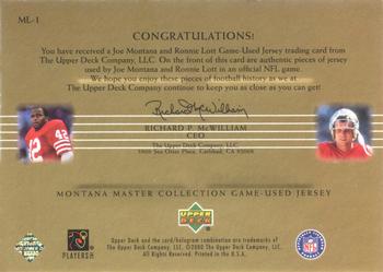 2000 Upper Deck Montana Master Collection - Mystery Inserts #ML1 Joe Montana / Ronnie Lott Back