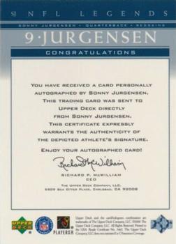 2000 Upper Deck Legends - Autographs #SJ Sonny Jurgensen Back