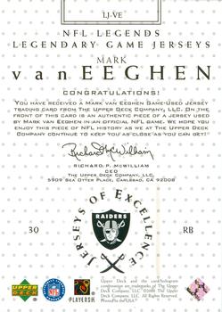 2000 Upper Deck Legends - Legendary Game Jerseys #LJ-VE Mark Van Eeghen Back