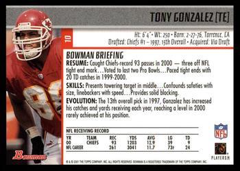 2001 Bowman - Gold #10 Tony Gonzalez Back
