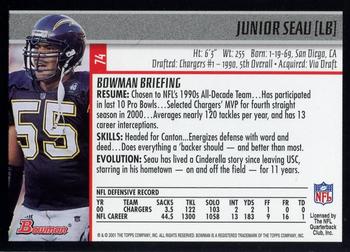 2001 Bowman - Gold #74 Junior Seau Back
