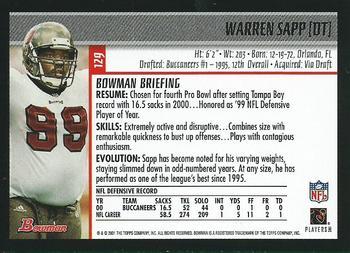 2001 Bowman - Gold #129 Warren Sapp Back
